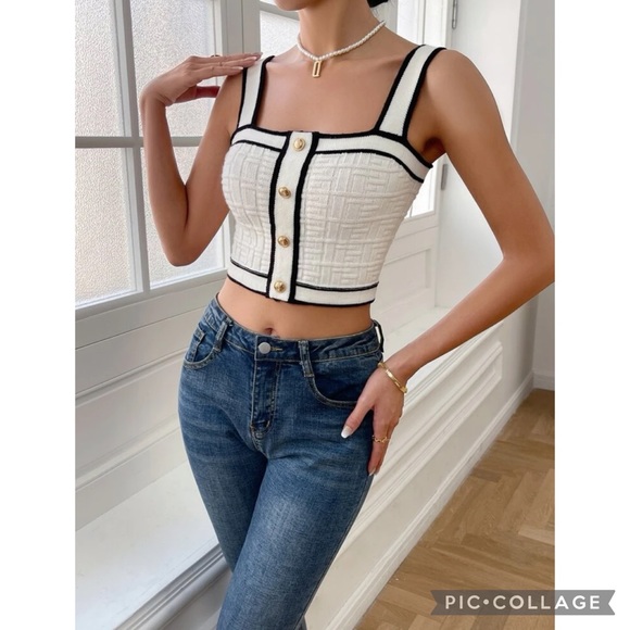 Jackie O Inspired Classy Luxe Black & White Button Front Detail Crop Top - Picture 4 of 5